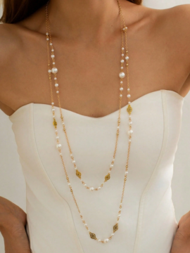 French Faux Pearl Long Chain Necklace